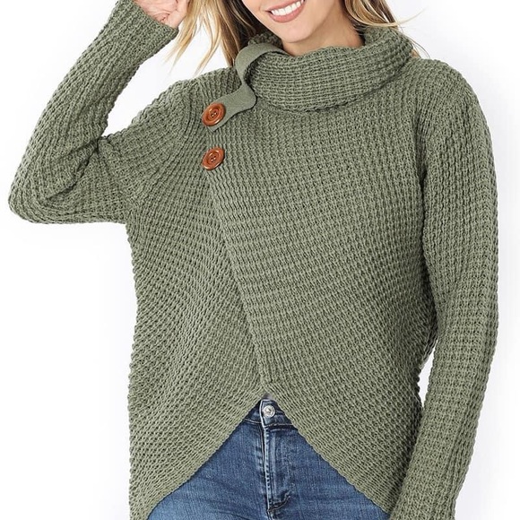 Zenana Sweater Waffle Knit Asymmetrical Hem Cowl Neck Comfy & Cozy Top Olive - Picture 6 of 6